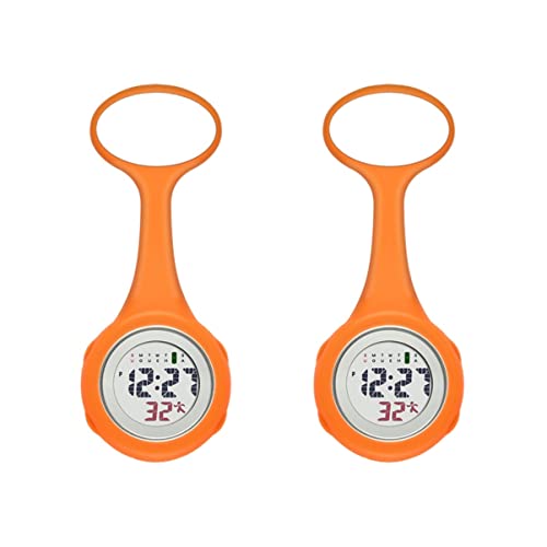 Mikikit Damenuhr 2 Stücke Revers Digtal auf Uhr Mode Orange Tasche Display Multi Digital - Elektrische H?ngende Arzt Fob Praktische Clip Brosche LCD für Damenarmbanduhr von Mikikit