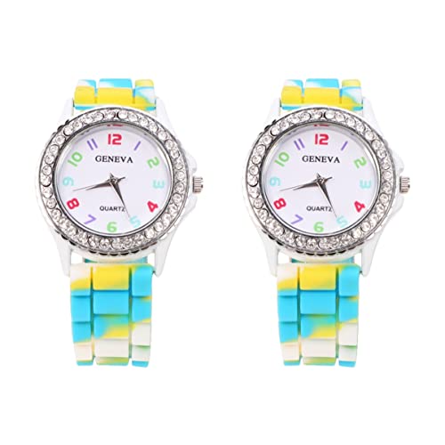 Mikikit 2 Stücke Weiß Mädchen Farbe Dame Studenten Uhr Uhr Handgelenk Zufällige Mädchen Regenbogen Damen Camo Kleid Verwenden Mädchen Damen Frauen Riemen Farbige Strasssteine von Mikikit