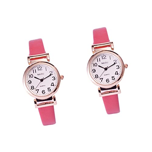 Mikikit Betrachten 2Pcs Akzentuierte Uhr Premium-Leder Metall Student Rot Mode Rund Kristall Uhren Damen Digitale Geschenke Armband Klassisch Weiblich Weiß Mini Für Retro-Uhren- U von Mikikit