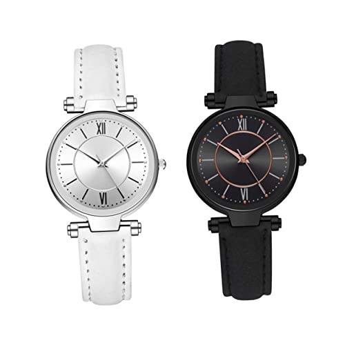 Mikikit 2stücke Damen Quarzuhr Mit Imitationslederarmband Freizeituhren Für Frauen Schwarz Und Weiß Für Schule Party Und Alltag von Mikikit