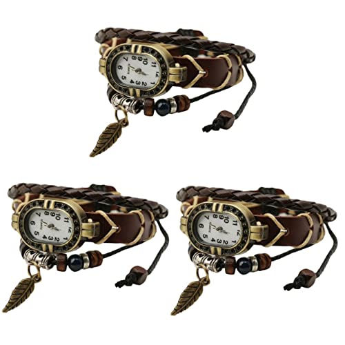 Mikikit 3 Pcs Armbanduhr Gewebt Damen Handgefertigt Wickel Valentin Stylich Armband Perlen Leder Mädchen Vintage Handgelenk Geflochten Herren Für Armbänder Frau Tag Uhr Womwn Mode von Mikikit