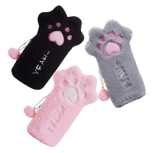 Mikikit 3 Stück Teiliges Plüsch Federmäppchen mit Katzenpfotenmotiv Tragbare Multifunktionale Stifttasche für Schüler und Büro Weiche Schreibwaren Aufbewahrung in Rosa Schwarz von Mikikit