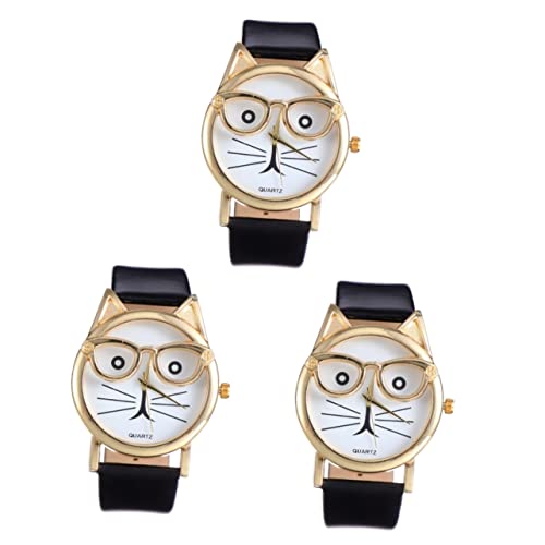 Mikikit 3 STK Katzenuhr Armbanduhr Katze Analoge Uhr Freizeituhren Für Damen Goldene Muschel Mit Brille Katzengürtel Quarz Uhrenarmbänder Für Damen Anschauen Kind Lederuhr Edelstahl von Mikikit