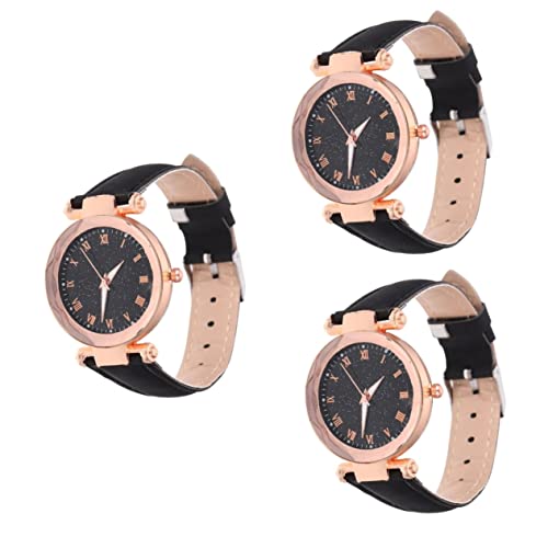 Mikikit Kinderuhren 3 Stücke Freizeit Dekorative Band Student Zeit Erwachsene Pu Uhren Männer Leder Dame Armband Weiblich Geburtstag Einstellbar Mode Für Uhr Mädchen Schwarz von Mikikit