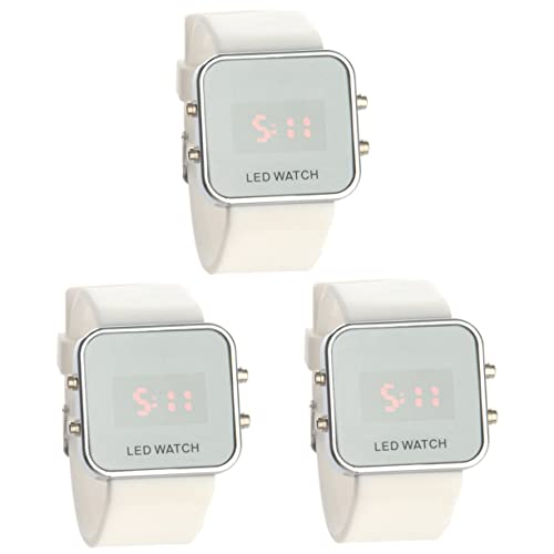 Mikikit 3stücke Fashion Square Mirror Unisex Digitaluhr Mit Und Silikonband Weiß Verstellbar Langlebig Spiegelfunktion Und -Display von Mikikit