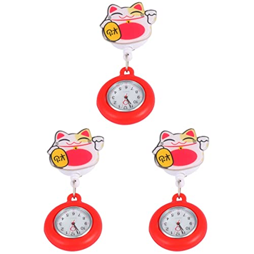 Mikikit Zubehör 3-Teilige Damenuhr: Silikon Zweiter Arzt für Quarzärzte Paterntasche Einziehbarer Schlüsselring Revers Teleskopabdeckung Cartoon-Gesicht Uhr Katze Niedlicher Clip Rot mit von Mikikit