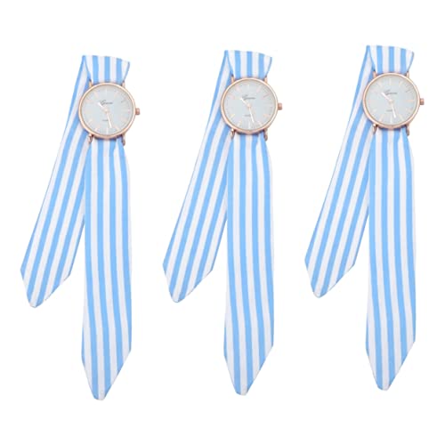 Mikikit 3-teilige Armbanduhr Stilvolle Damen-quarzuhr Handgelenkdekoration Streifenmuster Himmelblau Größe S von Mikikit