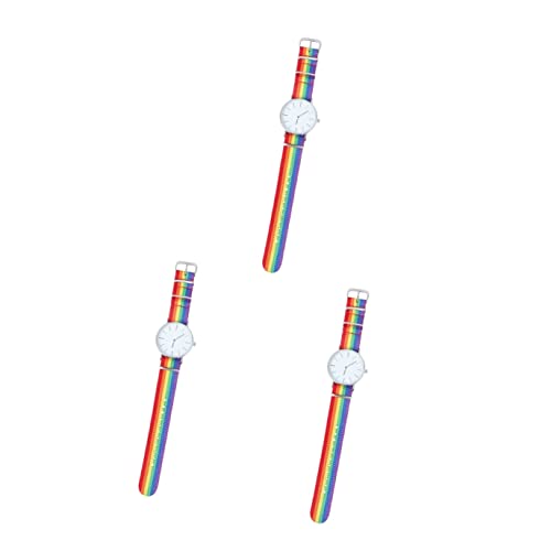 Mikikit Betrachten 3Pcs Casual Band Herren Business Entworfen Stilvoll Mit Unisex-Mode-Dekoration Für Elegantes Silbernes Handgelenk Regenbogen Zarte Nylon-Heimuhr-Damenuhr von Mikikit