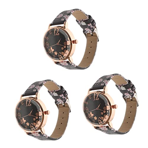 Mikikit 3st Anschauen Analoguhren Für Damen Schauen Zu Armbanduhr Damenmodeuhr Achten Auf Stylische Armbanduhr Schwarze Blumenuhr DREI-Zeiger-Uhr Freizeituhr Fräulein Einfach Glas von Mikikit