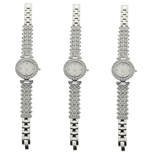 Mikikit 3stücke Versatile Damen Armbanduhr Mit Verstellbarem Gürtel Rhinestone-Design Leichte Quarz-Uhr Für Party Und Silberfarben von Mikikit