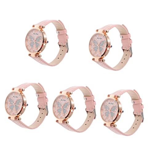 Mikikit 5 Stück Leichte Dame Schmetterling - Einfach Für Pu Schmetterlinge Dekorativ Stilvoll Uhr Leder Mode Zifferblatt Rosa Kreativ Muster Mädchen Uhren Damen Armbanduhr Einfach von Mikikit