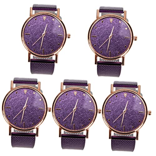 Mikikit 5st Quartz Uhr Damen Kleideruhr Glänzende Bling-Uhren Dekoratives Weibchen Business-Handgelenk Exquisite Damenuhr Achten Sie Auf Damenuhren Junge Edelstahl Violett Armbanduhr Kind von Mikikit