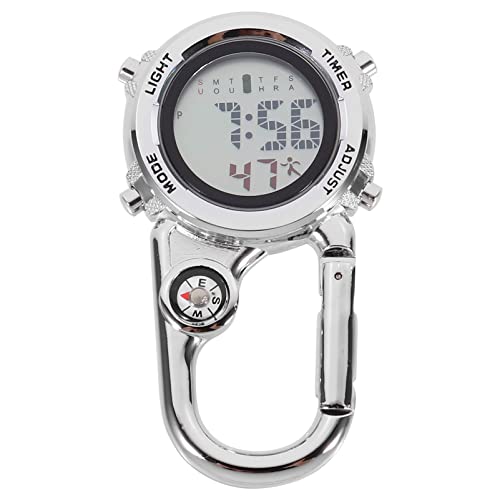 Mikikit Multifunktionale Karabineruhr, Leuchtende Taschenuhr, Wasserdicht, Edelstahl, Ideal FüR Outdoor Camping, Klettern, Reisen, Silber von Mikikit