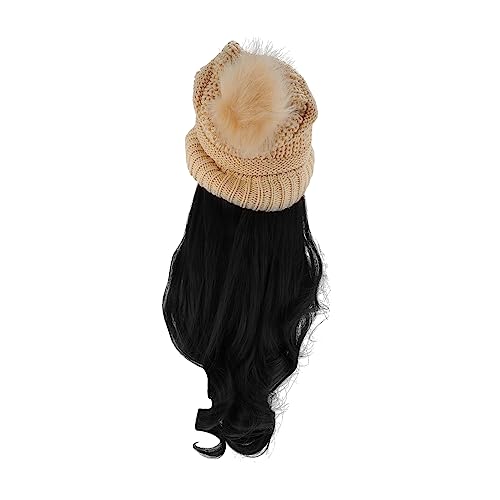 Mikikit Detachable Langhaar Wig Damen Mütze mit Abnehmbarem Langem Lockigem Haar Strickmütze Beige Wärmend für Herbst Winter Modisch und Praktisch Vielseitige Kopfbedeckung von Mikikit