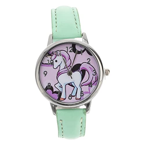 Mikikit Kinderuhr Einhorn Cartoon Quarzuhr mit Großem Zifferblatt Verstellbares Lederarmband Leicht Ablesbar Armbanduhr für Kinder (Grün) von Mikikit