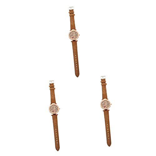 Mikikit Herzuhr Damen Armband Damenmodeuhr 3 Stücke DREI- Mädchen Herz Leser Uhr Leder Mode Einfach Armbanduhr Damen Rostfrei Klassisches Gold Dekorative Kleidung Hand Mädchen Handgelenk von Mikikit