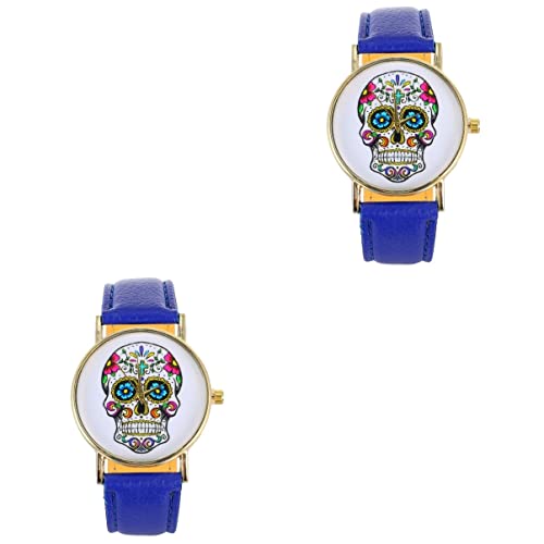 Mikikit 2stücke Punk Skull Damen Armbanduhr Mit -Lederband Quarzuhr Für Stilvolles Design Und Angenehmer von Mikikit