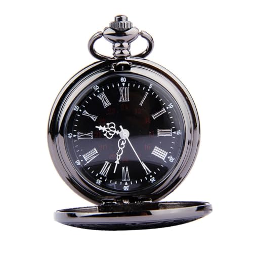 Mikikit Taschenuhr Retro Klassisch Runde Doppelanzeige Zifferblatt Römische und Arabische Zahlen Schwarze Dünne Kette Steampunk Uhr für Herren und Damen von Mikikit