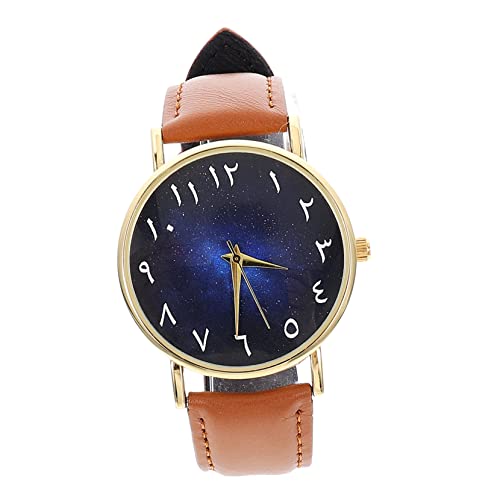 Mikikit Dekorative Armbanduhr Mit Arabischen Ziffern Verstellbarem Lederarmband Und Tiefblauem Sternenhimmel-Design Für Erwachsene Und Büroangestellte von Mikikit