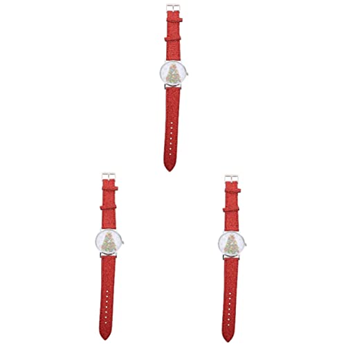 Mikikit 3 Stück Stilvolle Damenuhr Mit Weihnachtsbaum-Muster Damen-Armbanduhr Bequemes Edelstahlarmband von Mikikit