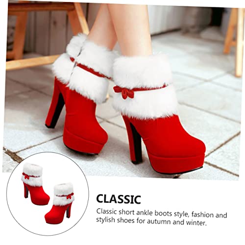 Mikikit Weihnachtliche Damen Kurzstiefel mit Hohem Absatz und Dicker Plattform Rutschfeste Gummisohle Warm Gefüttert Seitlicher Reißverschluss Wasserabweisend für Winter und Festtage von Mikikit