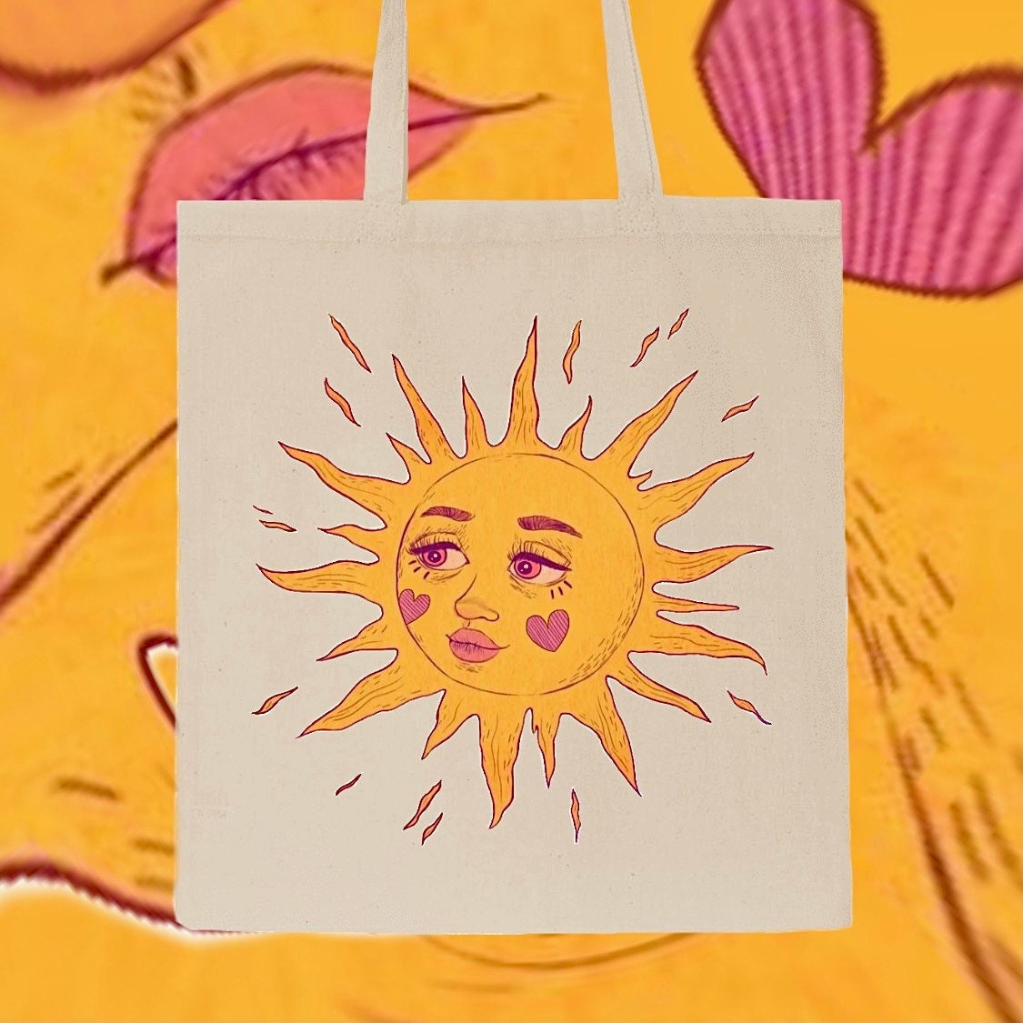 Sommer Tragetasche | Sun Kissed Celestial Schultertasche Sunshine Tote Trendy Geschenk Für Sie Handgedruckte Art Vintage Beige Tan Creme 90Er Jahre von MikikoClothing