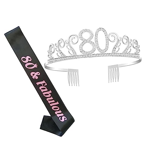 Mikinona 80 Geburtstag Krone Haar Kamm Brief Druck Schärpe Party Etikette Gürtel Zubehör von Mikinona