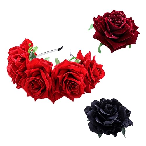 Mikinona 1satz Hochzeits-haaraccessoire Set Mit Rosenkopfschmuck Und Haarreif Leichte Haarschmuck Für Braut Und Party Für Besondere Anlässe Rot Und Schwarz von Mikinona