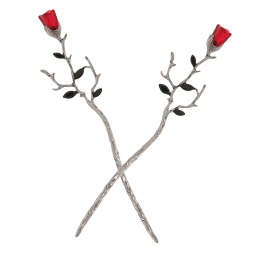 Mikinona 2 Stück Teiliges Chinesische Haarnadeln mit Roter Rosenblumen Design Stabile Langlebige Haarschmuck Stäbchen für Damen zum Fixieren von Dutt Frisuren Eleganter Vintage Stil von Mikinona