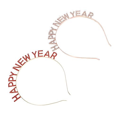 Mikinona 2 Stücke Happy Year Strass Haarreif Damen Festliches Xmas Party Stirnband in Rot Roségold Leichter Haarschmuck für Weihnachts und Silvesterfeiern Rutschfester Kopfschmuck für Bühne von Mikinona