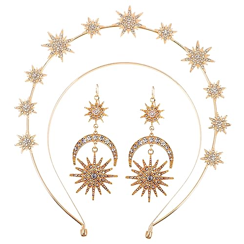 Mikinona 3st Hexagramm-stirnband Stern-mond-kopfschmuck Stirnbänder Für Damen Mond-stern-ohrring Strasssteine Thematisches Stirnband Halskette Sonne Und Mond Gastgeschenke Golden Legierung von Mikinona