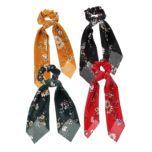 Mikinona 4 Stück Blumen-Pferdeschwanz-Streamer Haarschmuck Haargummis Haarbänder weihnachtsdeko elastisches Haarband Bedrucktes Stirnband Frühling und Sommer Haarring Schleife Kopfbedeckung von Mikinona