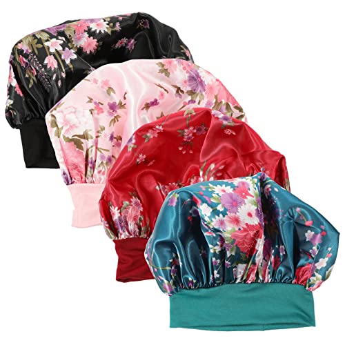 Mikinona 4 Stücke Satin Schlafhaube für Damen Elastische Breite Atmungsaktive Haube für Langes Haar Duschhaube für Schlaf Chemotherapie und Make Up von Mikinona