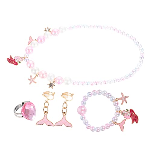 Mikinona 4 Stück Teiliges Schmuckset Meerjungfrau Armband Halskette Ring mit Bunten Perlen Niedliche Dangler Anhänger Leicht und Langlebig für Geburtstage und Kostümzubehör von Mikinona