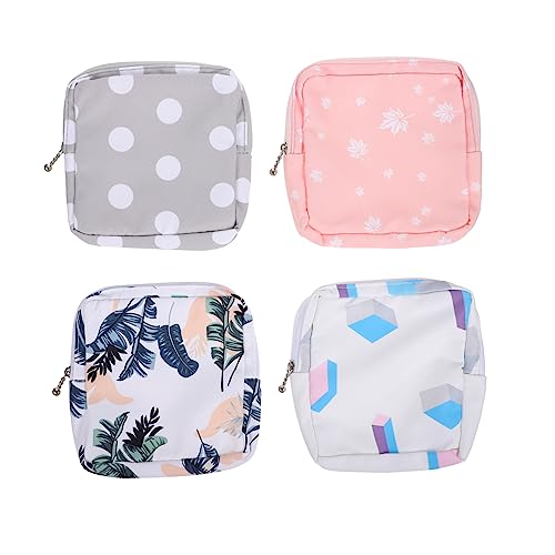 Mikinona 4 Stück Tragbare Hygiene Taschen für Damen Multifunktionale Periodenbeutel zur Aufbewahrung von Damenbinden und Stilvolles Design mit Punkten Weiß mit Geometrischen Mustern und von Mikinona