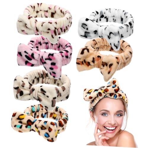 Mikinona 6 Stück Teiliges Leopard Print Haarschmuck mit Schleife Fleece Stirnband für Makeup Spa und Gesichtsreinigung Elastisch und Bequem Designs von Mikinona