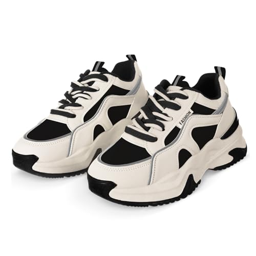 Mikinona Damen Ledersneaker Sportschuhe Atmungsaktiv Langlebig Vielseitig Modisch für Fitness Alltag Wandern Schwarz von Mikinona