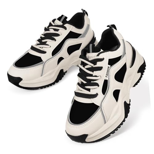 Mikinona Damen Ledersneaker Tennis Schuhe Langlebig Atmungsaktiv Modisch Vielseitig für Alltag Fitness Wandern Schwarz von Mikinona