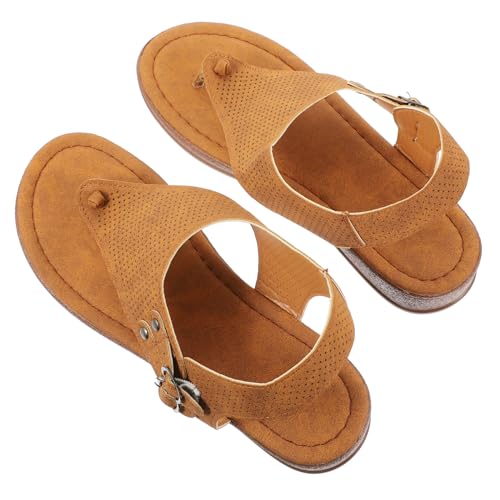 Mikinona Flache Damen Zehensandalen Sommer Sandaletten aus PU und Gummi Rutschfest Modisch mit Hohlraum Design Leichte Strandschuhe für Shopping Party Reisen Hellbraun von Mikinona