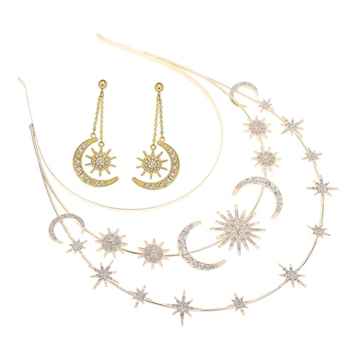 Mikinona Göttinnen Haarband Set mit Stern und Mond Ohrschmuck Dreilagiges Goldenes Tiara Stirnband Eleganter Hochzeit Haarschmuck für Damen Langlebiges Modisches Geburtstags Accessoire von Mikinona
