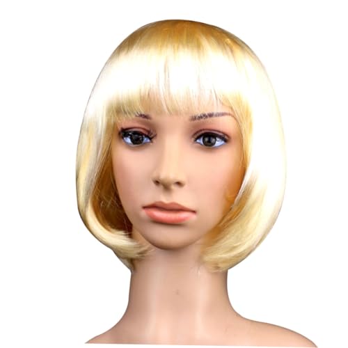 Mikinona Goldene Kurze Bob Perücke mit Fransen für Damen und Synthetische Cosplay Perücke Gerade Styling Natürliche Optik für Kostümparty Halloween Disco und Alltagsmode von Mikinona
