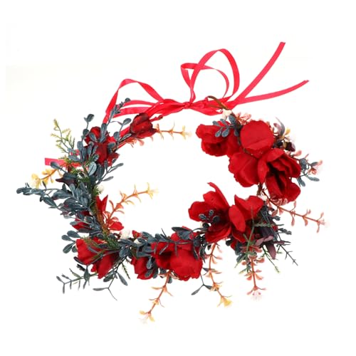 Mikinona Weihnachtskranz Tiara Verstellbares Haargummi Weihnachtskopfschmuck Stirnband Mit Blumengirlande Frauen Blühen Stirnband Blumenkranz-stirnband Stoff Braut Hochzeit Blütenkopf Rot von Mikinona