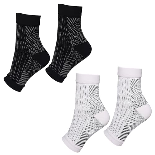 2 Pairs FußKompressionssocken,Kompressionsstrümpfe Herren, Kompressionssocken, Sprunggelenkbandage,Sprunggelenkschutz und Mittelfußstütze,Fußbandage für Sport, Fussball, Fitness, Schwarz, Weiß von Mikiuly