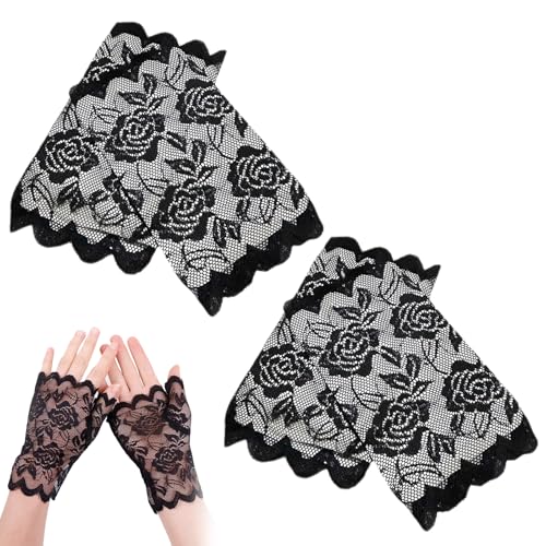 Spitzenhandschuhe,Fingerlose Handschuhe,Schwarze Spitzenhandschuhe,Frauen Kurze Spitzenhandschuhe,Tüll Handschuhe,Halbfinger Spitzenhandschuhe,Party Halbhandschuhe Damen Fasching Kostüm Accessoires von Mikiuly