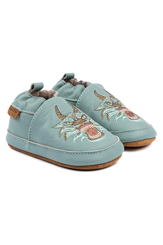 Mikk-line Baby Krabbelschuhe – Weiche Lauflernschuhe aus Leder mit rutschfester Wildledersohle – Bedruckte Hausschuhe mit Tiermotiv & Leinenfutter für Jungen & Mädchen – Perfekt für 0-48 Monate von Mikk-line