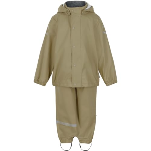 Mikk-line Regenanzug Kinder Olive Grey 128 | Matschhose Jungen und Mädchen | Zertifizierter Oeko-TEX Standard 100 Recyceltes PU Rainset ohne Aufhängung | Nickelfreie Knöpfe und Reißverschluss von Mikk-line