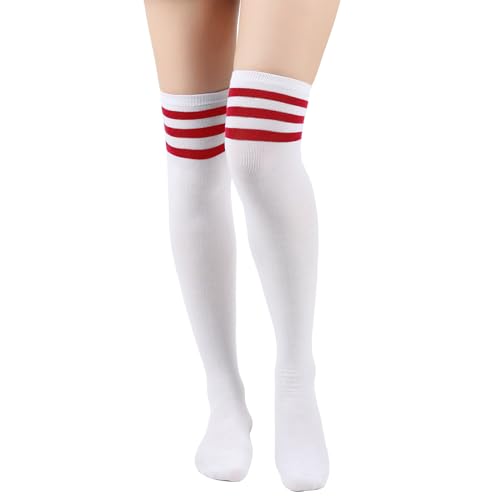 Miklettie Kniestrümpfe Damen mit Streifen Overknee Overknie Socken Mädchen Schenkel Hohe One Size Rote Streifen von Miklettie