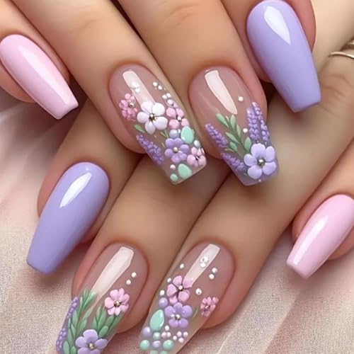 24 Stück French Tip Nägel zum Aufdrücken – Lila Blumen Mandel Kunstnägel, handgefertigtes Sommer-Vollabdeckungs-Set in 12 Größen, Gelee-Klebestreifen, sicheres Acryl-Klebesteck für Frauen von Mikloven
