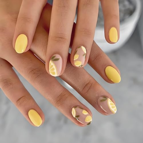 24 Stück kurze ovale French Yellow Press on Nails Nude Pink Full Cover Acryl Künstliche Nägel mit Sommerzitronen-Akzent, 12 Größen, wiederverwendbares Stick-On-Set für Frauen und Mädchen 24 Stück kurze ovale French Yellow Press on Nails Nude Pink Full Cover Acryl Künstliche Nägel mit Sommerzitronen-Akzent, 12 Größen, wiederverwendbares Stick-On-Set für Frauen und Mädchen von Mikloven