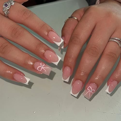 French Tip Nägel zum Aufdrücken mit weißer Schleife, mittelgroß, quadratisch, in 12 Größen, wiederverwendbar mit Zubehörwerkzeug, elegante DIY-Maniküre für Frauen und Mädchen, 24 Stück (weiße Schleife von Mikloven